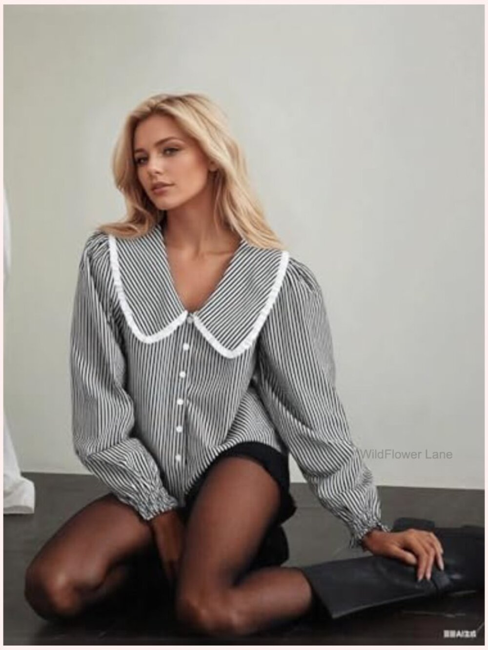 Striped V-Neck Button Down Blouse Long Puff Sleeve Babydoll Top - Picture 4 of 5